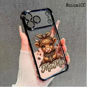Highland Cow Mama Coffee Lover Pattern Phone Case for iPhone Samsung 17Pro Max Air 16 15Plus 14 13 12 11 Galaxy S26 S25 S24 S23 S22 FE Plus Ultra Electroplated Anti Drop Bumper Cover Shockproof Smartphone
