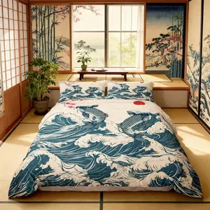 Waves Duvet Cover,Koi Cherry Blossom Sunrise Bedding Set,Japanese Art Landscape Comforter Cover for Kids Teens Room Decor,Soft Romantic Natural Quilt Cover