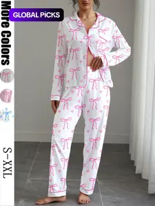 Women's Cute Bow Print Fitted Pajama Set, Fall & Winter Casual Homewear Loungewear Nightwear, Soft Elastic Fabric, Long Sleeve Shirt Collar Top & Pants