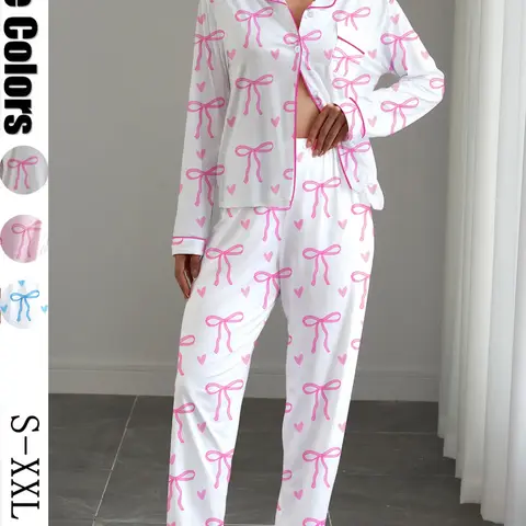 Women's Fall Winter 2-Piece Bow Print Pajama Set, Long Sleeve Comfortable Sleepwear Loungewear, Casual Home, Perfect for Relaxing at Home