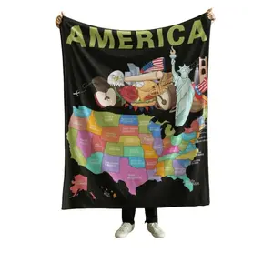 Vibrant American Icons & Map Flannel Blanket with Statue of Liberty Bald Eagle and Golden Gate Bridge Soft Warm Decorative Throw