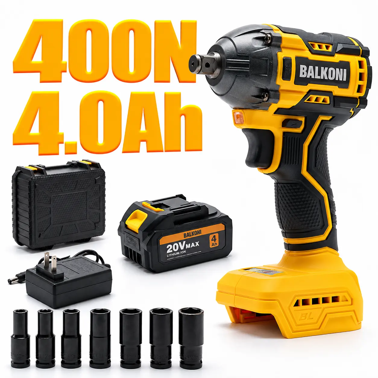 BALKONI Electric Cordless Impact Wrench, Socket Wrench Set, Impact Gun, Impact Driver, Impact Drill With 1 or 2 Battery, 1 Fast Charger, 7 Sockets And 1 Toolbox