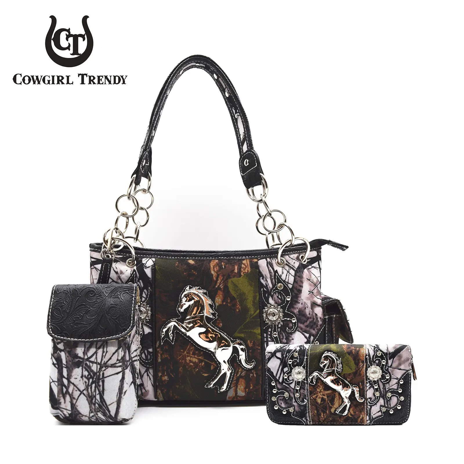 Western Camouflage Horse Emblem 3-Piece Purse Set for Women, Fashionable Casual Shoulder Bag with Rivets, Zip Around Wallet & Small Pouch, Trendy Cowgirl Patterned Handbags, Casual Fashion Bag, Casual Zipper Purse