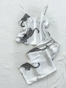 Women's Satin Silk Leopard Print Sleepwear Set, Sexy Casual Long Pants Nightgown, Romantic Home Wear for Women, Leopard Print Pajamas