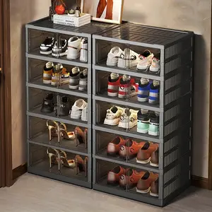 Foldable Shoe Storage Cabinet with Magnetic Clear Doors, Stackable Collapsible Shoe Organizer with Upgraded Height for Boots & Sneakers, Tool-Free Assembly Dust-Proof Shoe Rack, Large Capacity for 20+ Pairs, Black/Grey