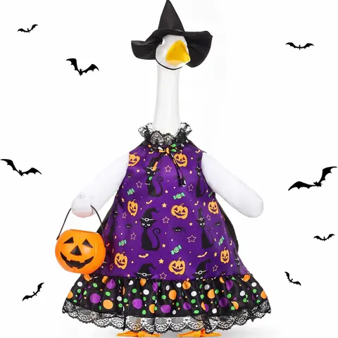 Halloween Porch Goose Outfit for 23-in Goose Statue - Witch Clothes with Lolita Dress, Hat, Pumpkin Basket, Gothic Prints, Spiders - Purple & Black Theme Halloween Decor for Outdoor Patio Yard Lawn Art