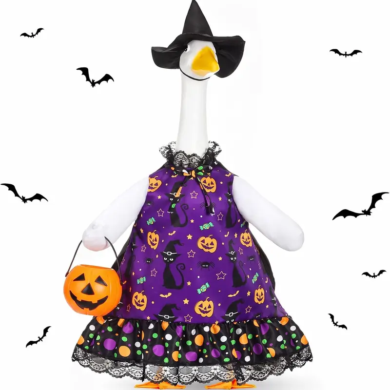 Halloween Porch Goose Outfit for 23-in Goose Statue - Witch Clothes with Lolita Dress, Hat, Pumpkin Basket, Gothic Prints, Spiders - Purple & Black Theme Halloween Decor for Outdoor Patio Yard Lawn Art