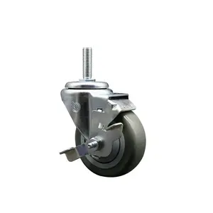 Service Caster SCC-TS20S3514-PPUB-TLB-58212 Polyurethane Swivel Threaded Stem Caster, 3.5x1.25 in. Gray Swivel Wheels, 0.63 in. Stem, Top-Locking Brake