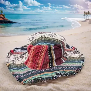 Patchwork Mushroom Hemp Hat with Hidden Pocket Wide Brim Bohemian Ethnic Bucket Hat Headwear Outdoor Travel Beach Sun Caps