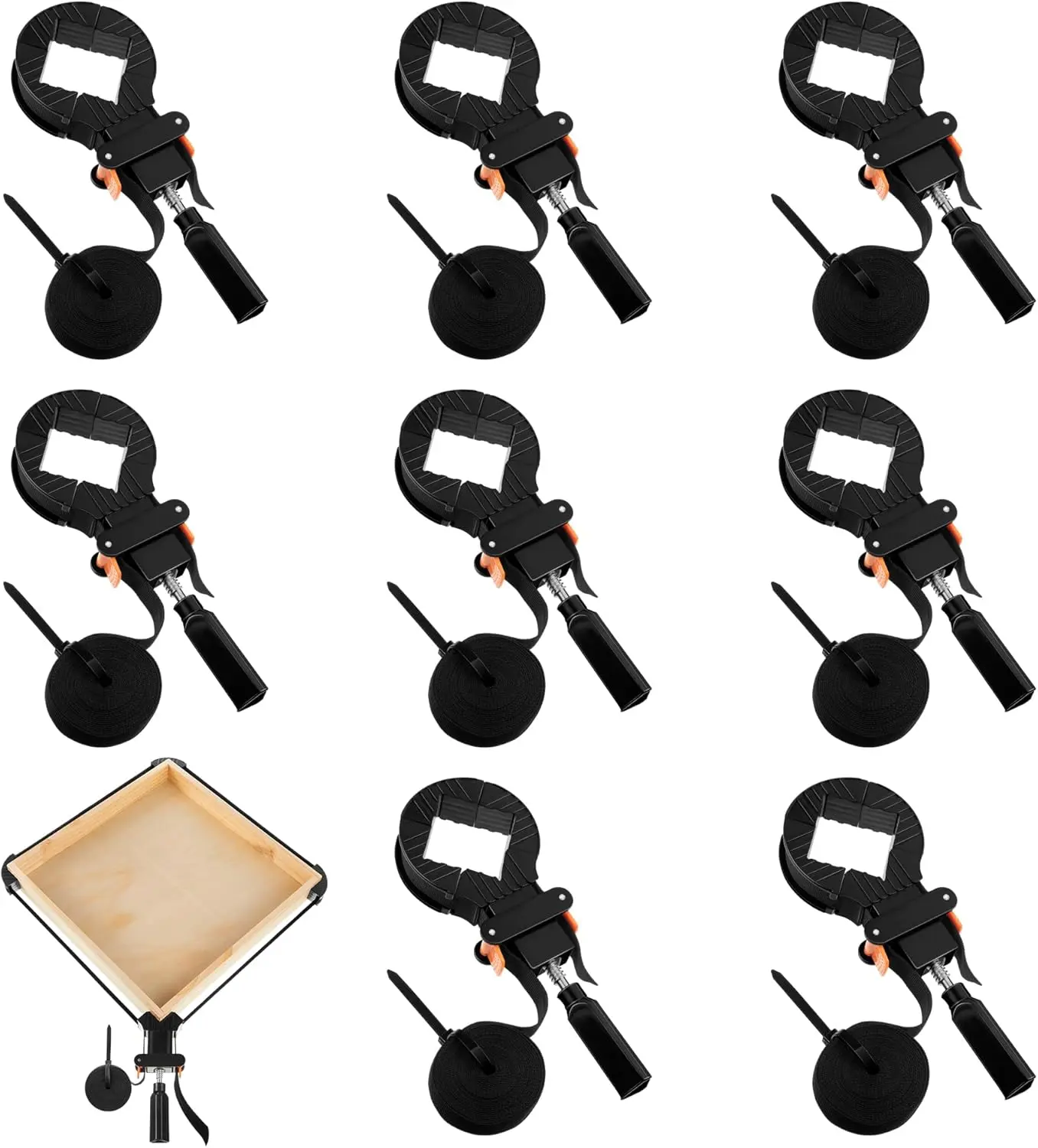 8 Packs 13 FT Belt Band Strap Clamps for Woodworking, Quick Release Band Clamps with 4 Corner Claws, Thick and Sturdy Belt Clamp, Adjustable Picture Frame Clamp Tool