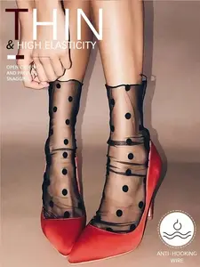 1 Pair Of Ladies' Stockings, Transparent Mesh Stockings, Thin Black Socks, Classic Polka Dot Elements, Selected Light Mesh Materials, Retro And Fashionable.