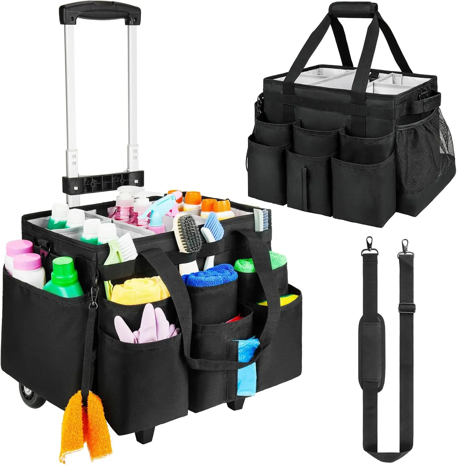 Large Rolling Cleaning  Bag with Detachable Trolley,Cleaning Cart on Wheels with  Strap,Cleaning Supplies Organizer for Housekeepers,Black
