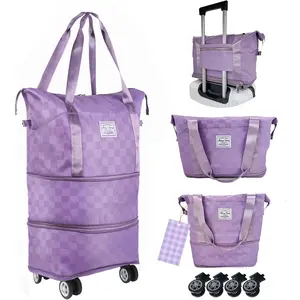 Expandable foldable duffel bag suitcase, detachable rolling wheels,carry- large duffel bag,luggage bag,suit gym,camping,travel or business trip, for wife and parents-Checkerboard()