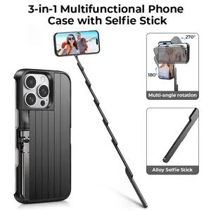 3-in-1 iPhone Case with Retractable Selfie Stick, Bluetooth Remote, and Rotating Stand for Travel & Concerts