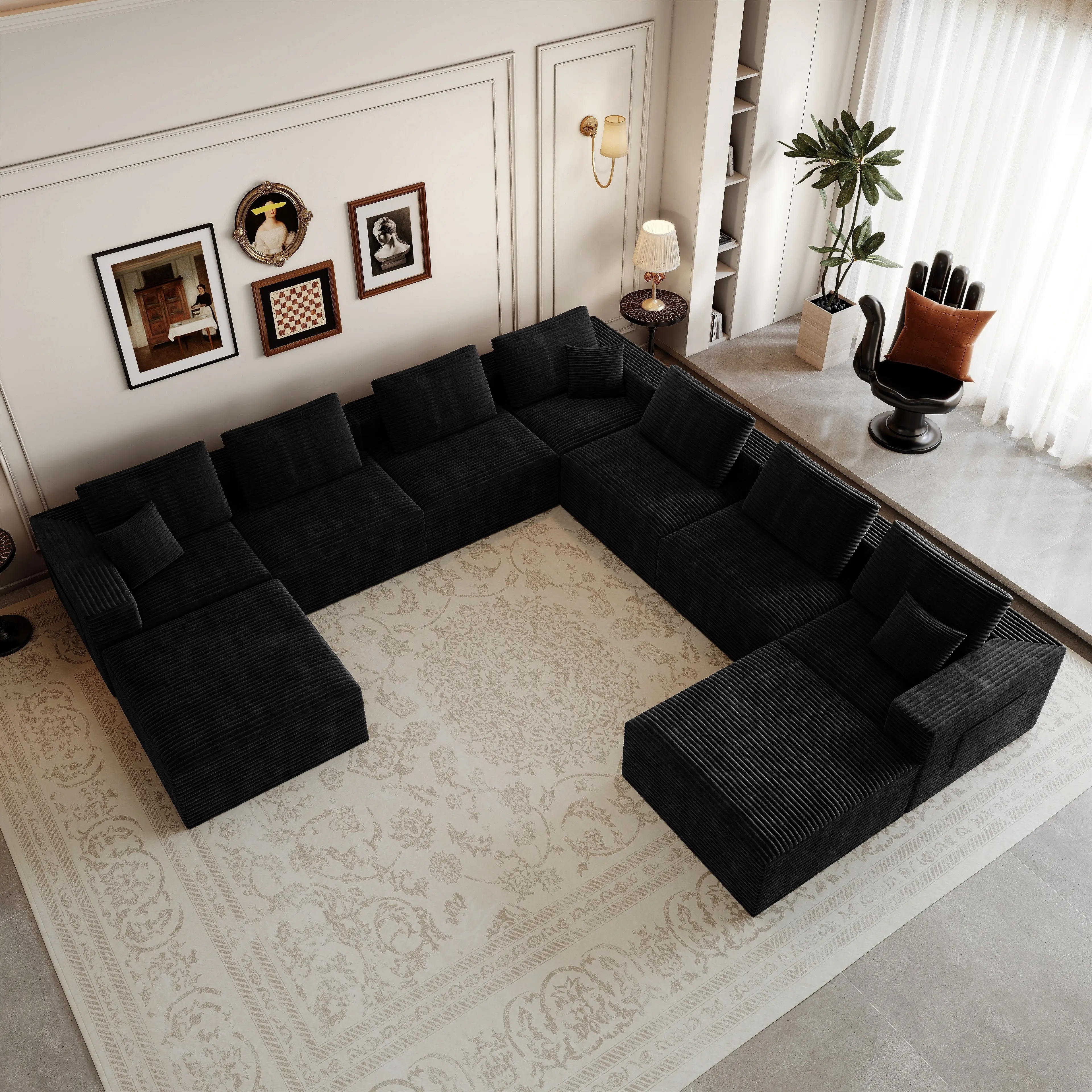 Niccae 9-Piece Modular Sectional Couch, Plush Corduroy Upholstered 141.73x141.73in Living Room Couches, No-Assembly Free Combination Indoor Furniture for Apartments (Black)