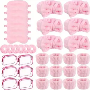36pcs Sleepover Party Supplies 6 Pink Spa Headband 6 Pink Plush Sleep Eye Mask 6 Velvet Scrunchies 12 Wristband 6 Clear Cosmetic Bags for Slumber Spa Party Favor Gift Skincare Makeup for Christmas, Newyear, Valentine, Party Events