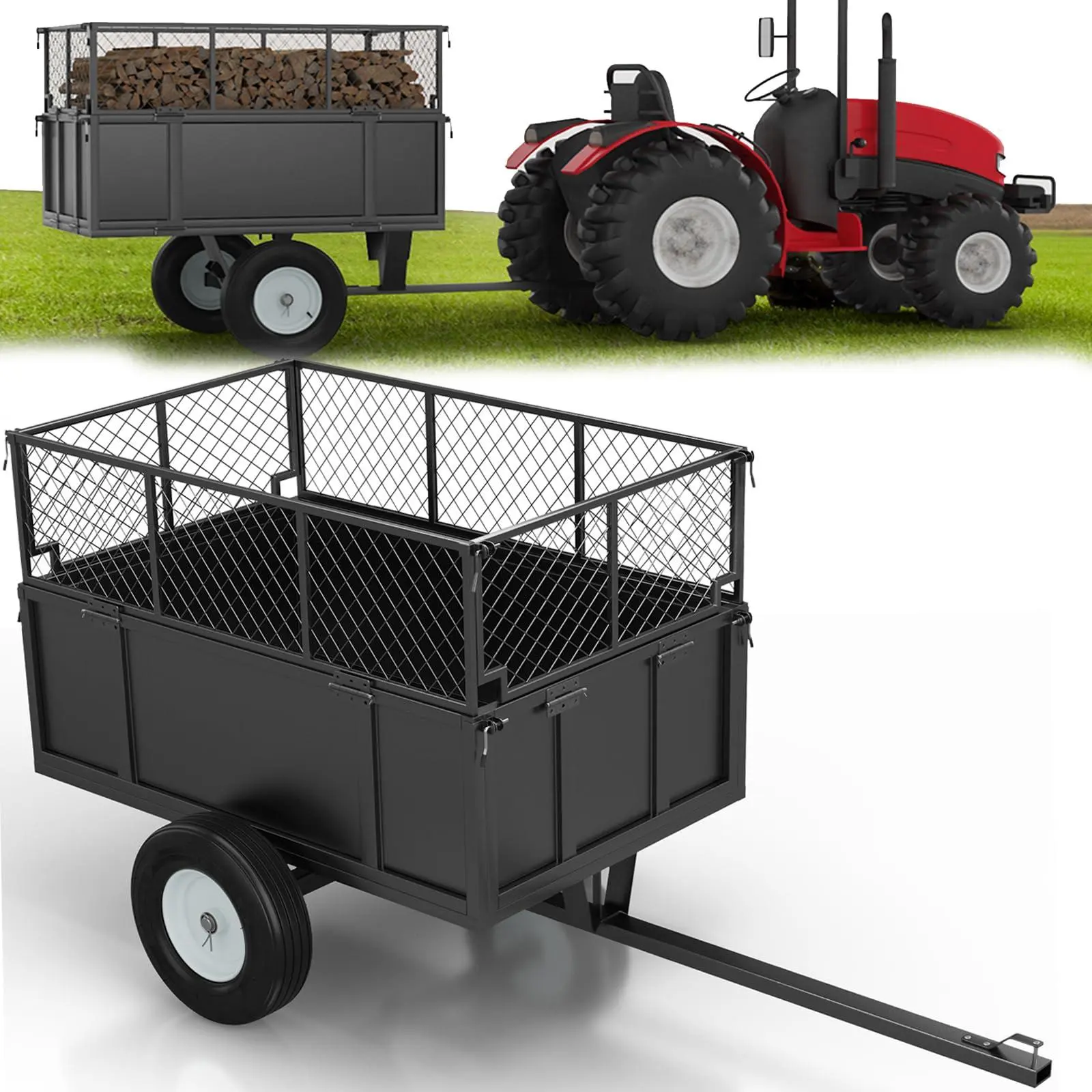 Heavy Duty 750 LBS Utility Trailer – 17CuFt ATV Dump Trailer with Removable Sides, Pneumatic Tires & Quick-Dump Pull-Behind Yard Cart for Tractors, UTV, Lawn Mowers