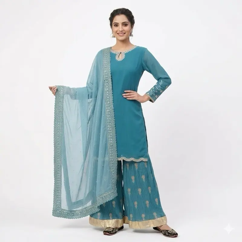 Elegant Turquoise Kurti with Floral Embroidery and sheer chiffon dupatta for women Womenswear Dress Long Sleeve Asian Clothes Original Salwar