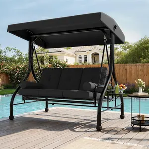 Outdoor Porch Swing with Adjustable Canopy, 3-Seat Patio Swing Chair with Stand, 800LBS Heavy Duty Outdoor Swing for Adults with Cup Holder Tray, Cushion & Pillows, Patio Swings with Canopy for Garden,Gary