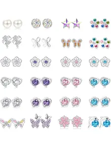 24 Pairs 925 Sterling Silver Stud Earrings Set for Women Girls Cubic Zirconia Earring Pearl Crystal Round Heart CZ Flower Butterfly Stud Earrings Jewelry