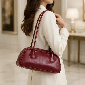 Vintage Long Handle Bowling Bag for Women Retro Burgundy Shoulder Bag