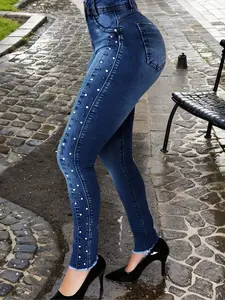 Women's Elegant Chic High Waist Tight Fit Butt Lifting Casual Elastic Denim Jeans Skinny Bottom Pants, Fashion Pearl Decoration