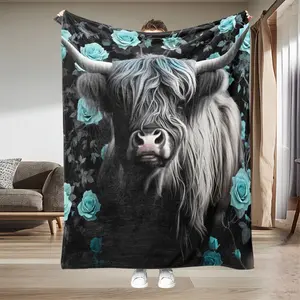 Highland Cow Blue Rose Ultra Soft Flannel Blanket, Premium Plush Lightweight Bedspread, Multi-Use Cover Blanket, Ideal Gift for All Seasons, Cow Print Blanket