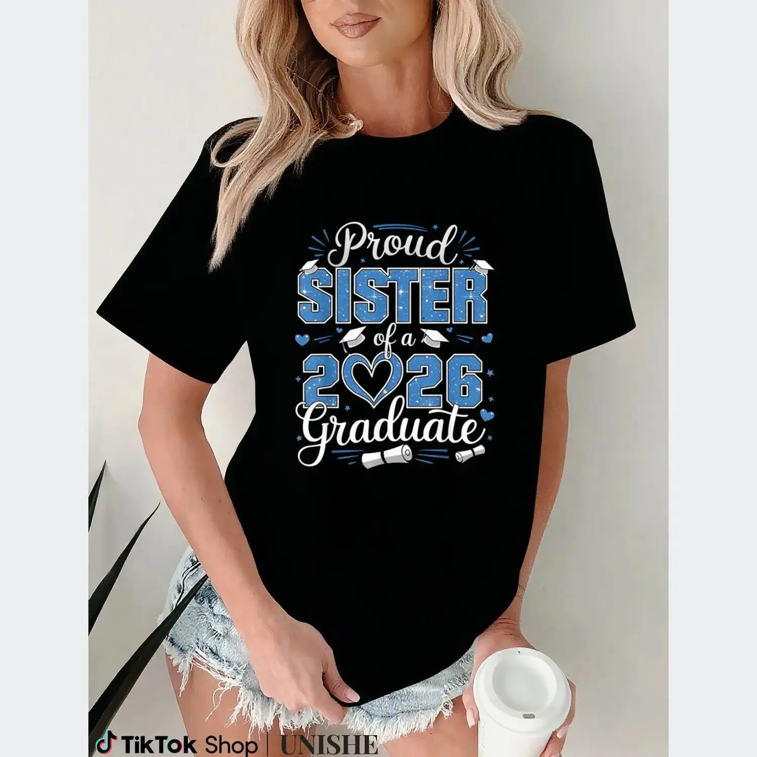Lady's Short-Sleeve Round Neck Casual Cotton T-Shirt, Proud Sister of the Class of 2026 Graduation Gift Top