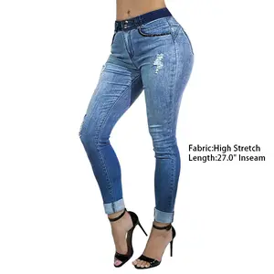Flamingals Ripped Double Button Roll Hem High Waist Skinny Jeans Comfortable Fit
