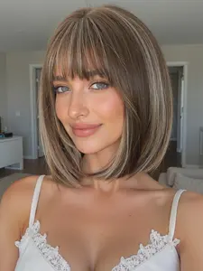 12 Inch Bobo Head Wig with Bangs, Straight Bob Wigs, Deep, Natural Look, Easy Care, Suitable for All Ages, Synthetic Fiber Hair