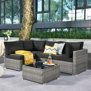 5 PCS Outdoor Patio Sectional Sofa Couch, Grey PE Wicker Furniture Sets, Patio Conversation Sets with Waterproof Cushions Glass Coffee Table for Garden, Poolside, Backyard