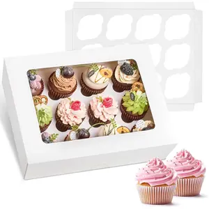 12 Count Cupcake Boxes, 2 Pack White Cupcake Containers with Windows and Inserts, Disposable Cupcake Carriers for Muffins, , Pastries, 13 x 10 x 4 Inches