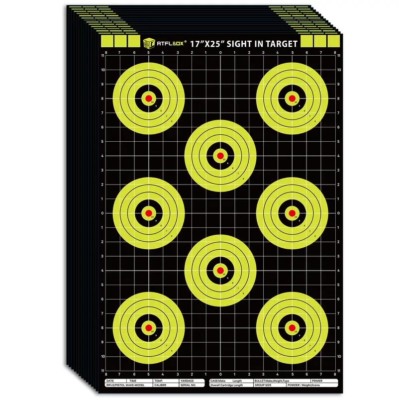 Atflbox 17x25 in High-Vis. Large Area Bullseye Sight-In Shooting Target, Paper Hunting Equipment with Grid Lines, 8 Shooting Zones, Mountable, High-Quality Printing, Record Sheet