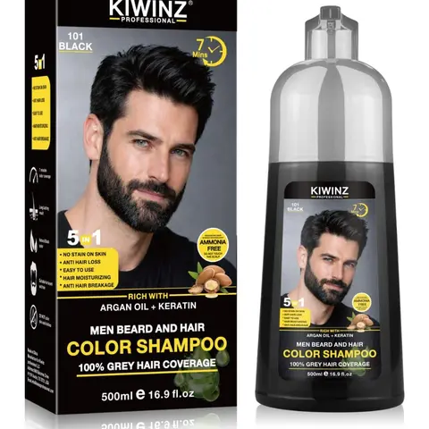 KIWINZ PRO 5 in 1 Men Beard & Hair Dye Shampoo - 5-in-1 Formula with Argan Oil & Keratin - No Stain on Skin - Anti-Hair Loss - Moisturizing & Breakage Solution - Hair Color Shampoo for Men Haircare Conditioner 500ml