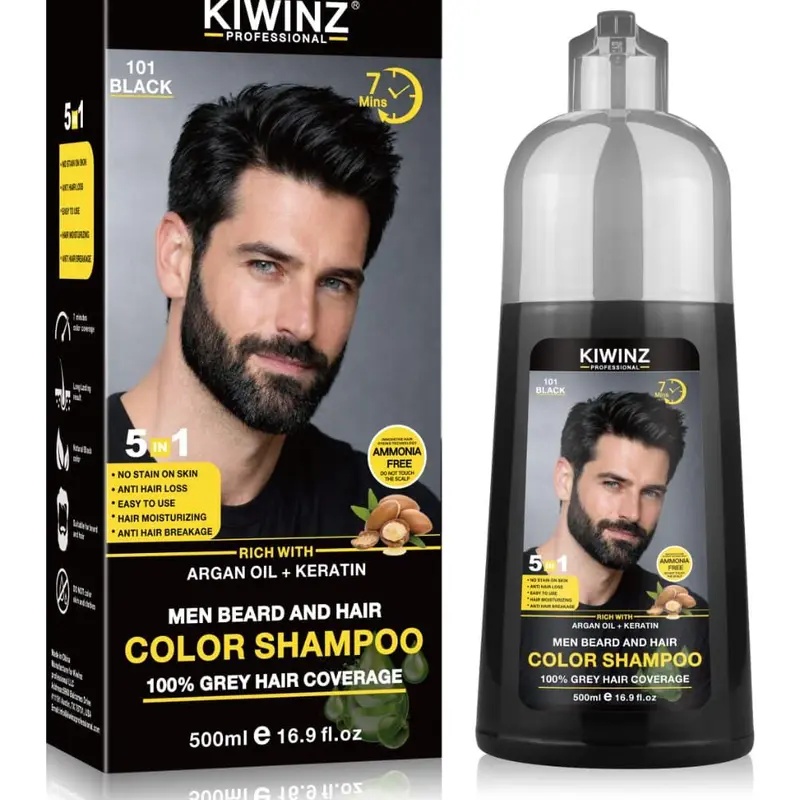 KIWINZ PRO 5 in 1 Men Beard & Hair Dye Shampoo - 5-in-1 Formula with Argan Oil & Keratin - No Stain on Skin - Anti-Hair Loss - Moisturizing & Breakage Solution - Hair Color Shampoo for Men Haircare Conditioner 500ml