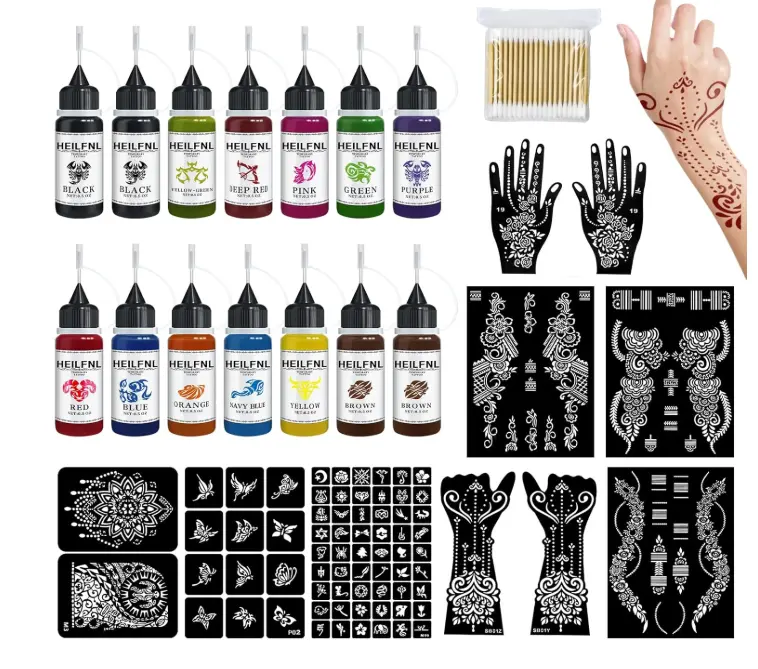 Temporary Tattoo Kit - 14 Bottles Color Temporary Tattoo Ink with 75 Pcs Stencils, DIY Fake Tattoos Women, Men & Art Painting Party