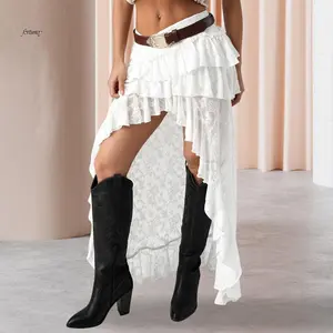 Women Flower Lace Skirt Elastic Waist High Low Layered Ruffle Skirt Casual Summer Streetwear