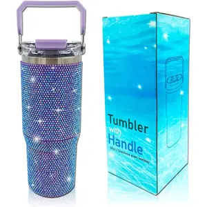 30oz Bling Rhinestone Studded Tumbler with Top Handle and Leakproof Lid Vacuum Insulated Stainless Steel Glitter Crystal Water Bottle with Flip Straw Reusable Cup Outdoors Travel Mugs (Violet)