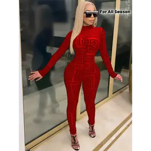 Women's Sexy Geometric Print Transparent Mesh Long Sleeve Jumpsuit - Full-Length Zipper Front, High Neck Full Coverage, Stretchy All-Season Formal & Casual Outfit, Machine Washable Elegant Party & Casual Attire - Sexy Patterned Bodysuit wit