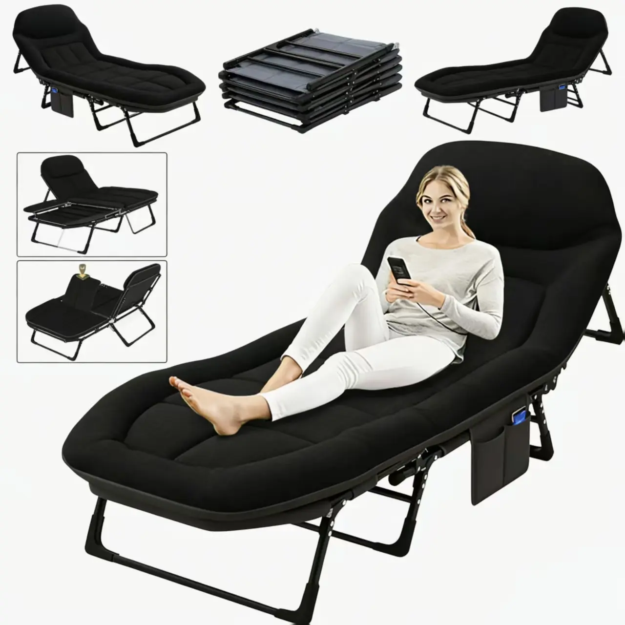 Folding Bed & Recliner – Unfold in Seconds, Store Flat Anywhere. Multi-Position Backrest, Breathable Fabric, Ergonomic Pillow, Side Pocket. Ideal for Home, Office, Camping & Overnight Guests.