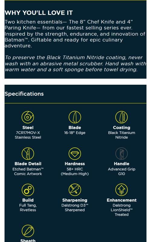 2 Piece Set | 8" Chef's Knife & 3.75" Paring Knife | Shadow Black Series | BATMAN™ Edition | Dalstrong ©