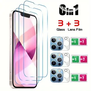 6-in-1 Toughened Glass For IPhone 16 15 14 12 11 Pro Max 13 Pro Free Dust, phone Camera Screen Protector