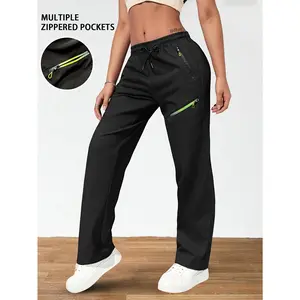 Women's Multi-Zipper Pocket Drawstring Pants – Loose Straight-Leg Casual Sport Trousers with Secure Pockets, Lightweight for Daily Wear, Workout, Running & Travel