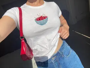 Painted Cherries Baby Tee, 90s Aesthetic Cotton Fitted Shirt for Women