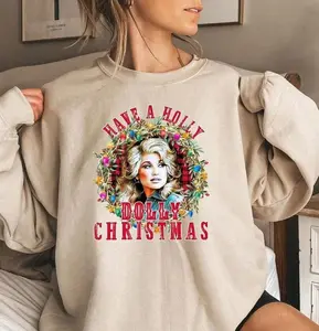 [ Sale off to 50% ] Holly Dolly Christmas Sweatshirt, Country Ugly Christmas Sweatshirt, Dolly Parton Gift for Mom, Retro Xmas Western Jumper Nashville gift