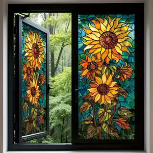 Sunflower Window Sticker, PVC Colorful Glass Decorative Film, Petals Center, Blue Background, Heat Resistant Removable