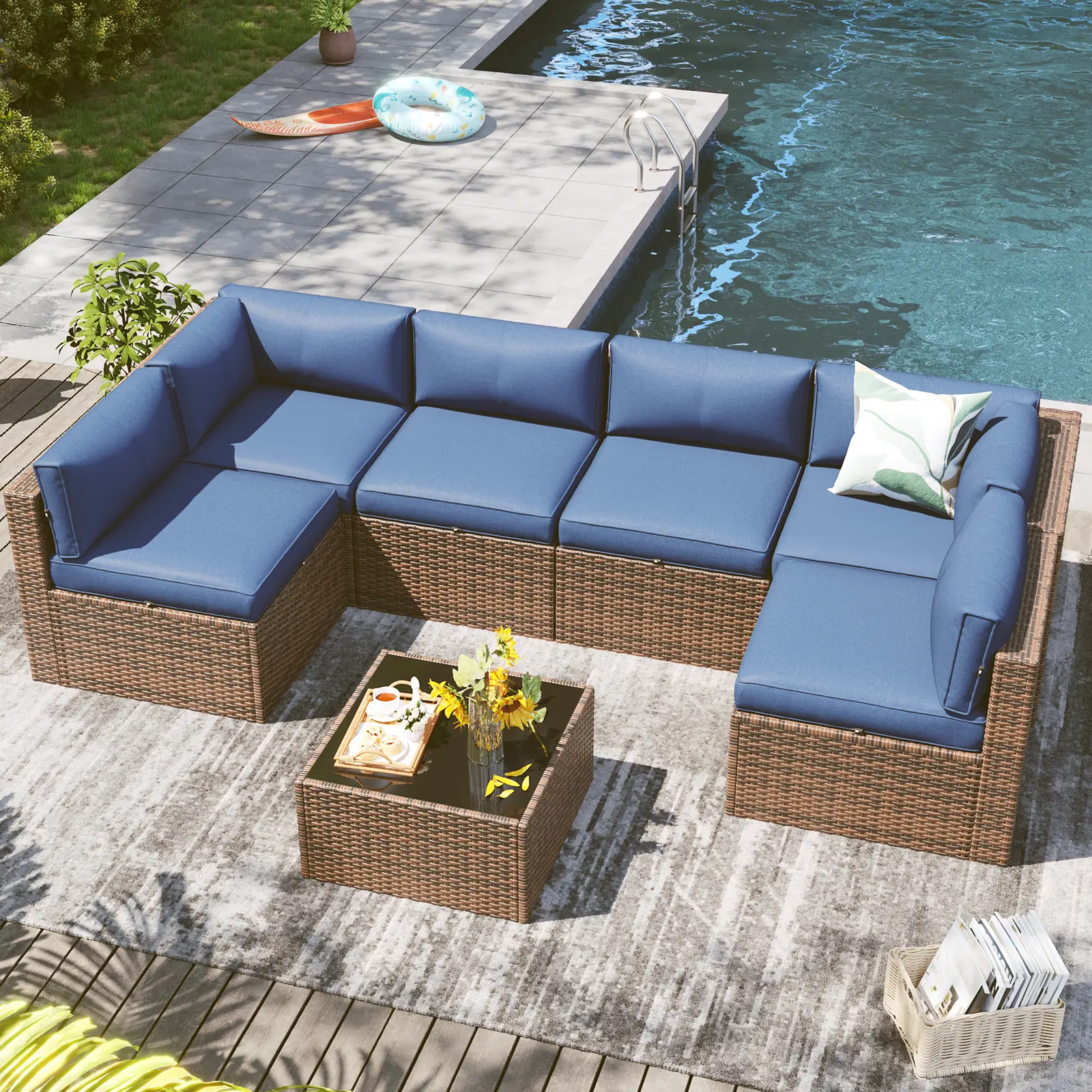 Aoxun 7-Piece Modular L/U-Shaped Outdoor Wicker Rattan Sofa Set with Thick Cushions, Outdoor Furniture Set for Backyard Patio Conversation Seating, 2-Package Shipping, Patio Furniture Sets