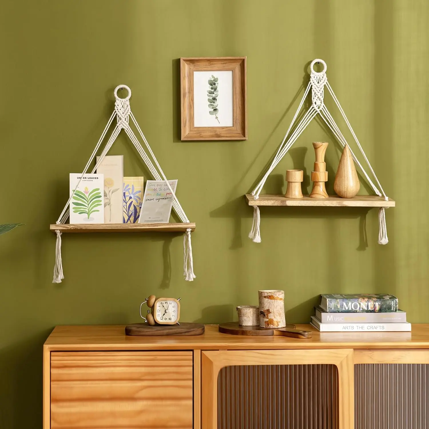 Macrame Hanging Shelves Boho Wall Decor Set of 2 Floating Wood Shelf | Cute Room Decor for Teen Girls Display Storage Shelves for Hanging Plant Photos Fit Bedroom Bathroom Living Room Nursery Dorm