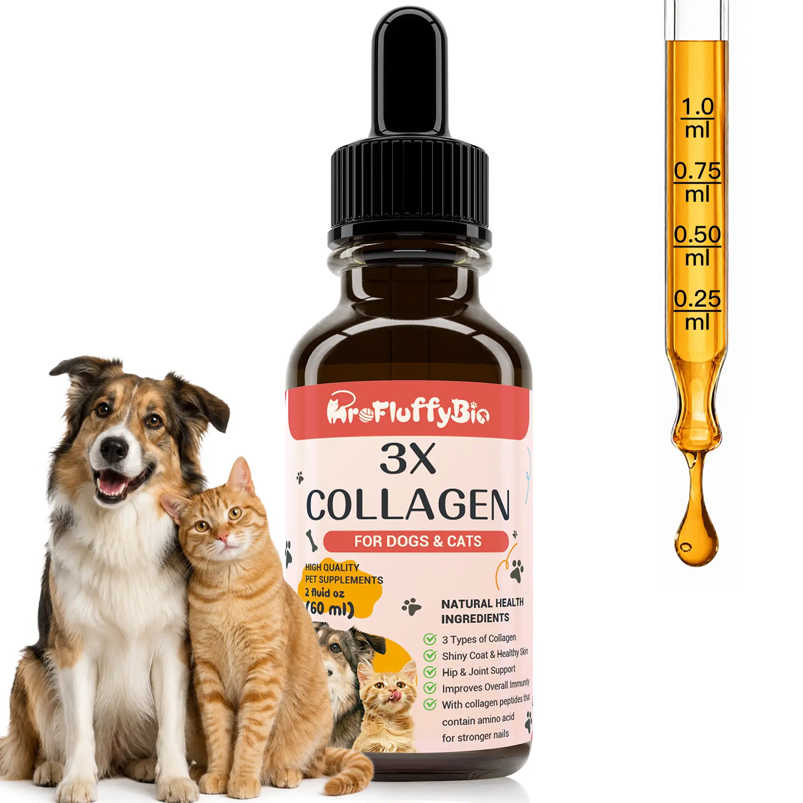ProFluffyBio 3X Collagen Peptides Liquid Dog Cat Supplement | Skin and Coat Supplement for Dogs,Cats- Supports Skin, Healthy Coats, Hips & Joints - With Hyaluronic Acid, Types 1-2-3 Collagen - Add to Food, Suitable for All Sizes