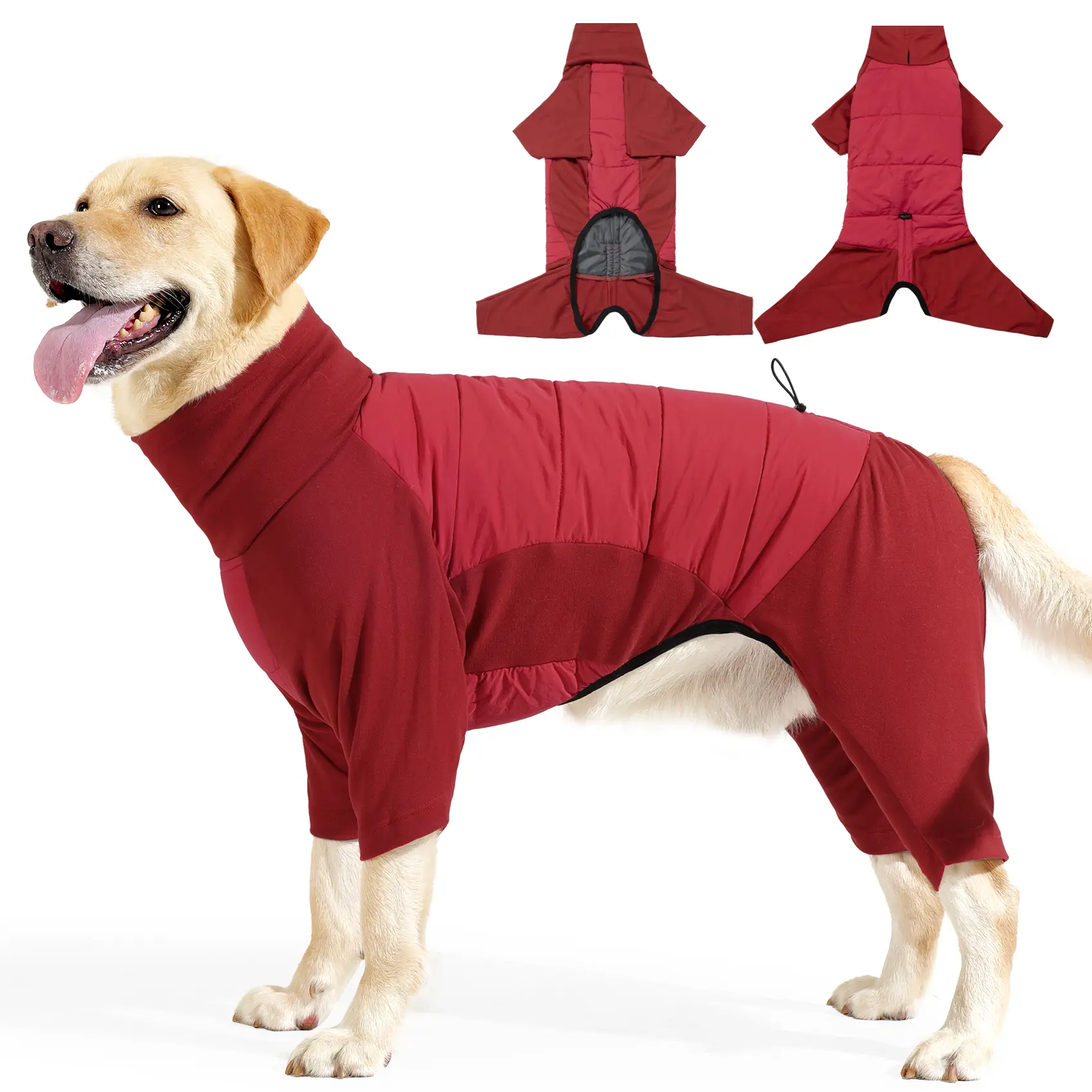Medium-Large Dog Winter Coat - Waterproof Padded 4-Legged Jumpsuit, Elastic High Collar, Windproof Warm, Leash Hole, Adjustable Drawstring, Cold Weather Snow Suit sport